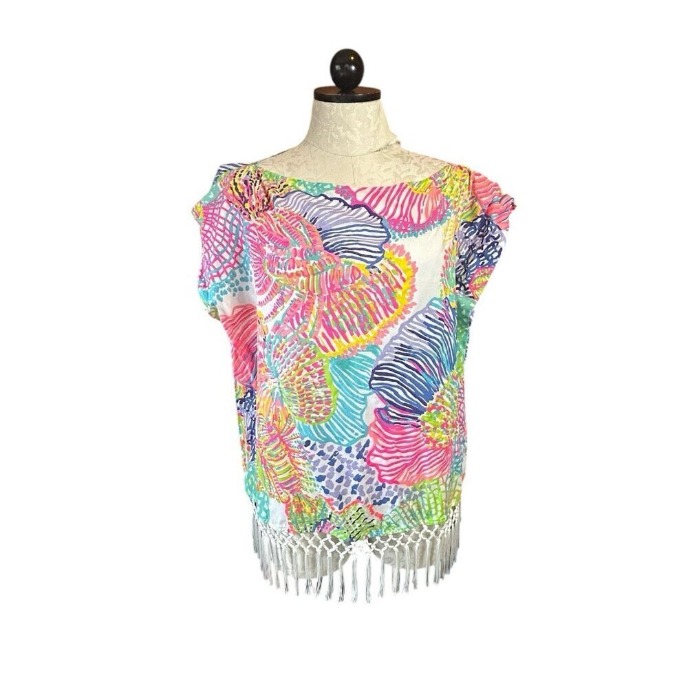 Lilly Pulitzer Jasmine Caftan Fringe Top Tunic Multicolor Roar of the Seas XS/S